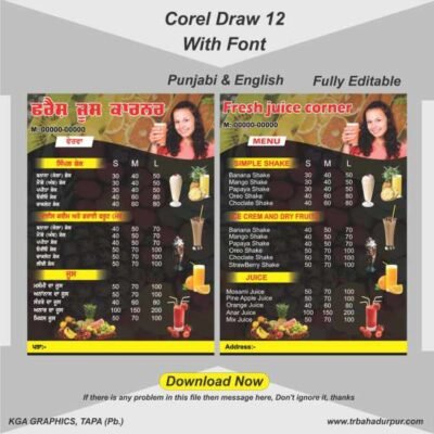 juice corner menu card