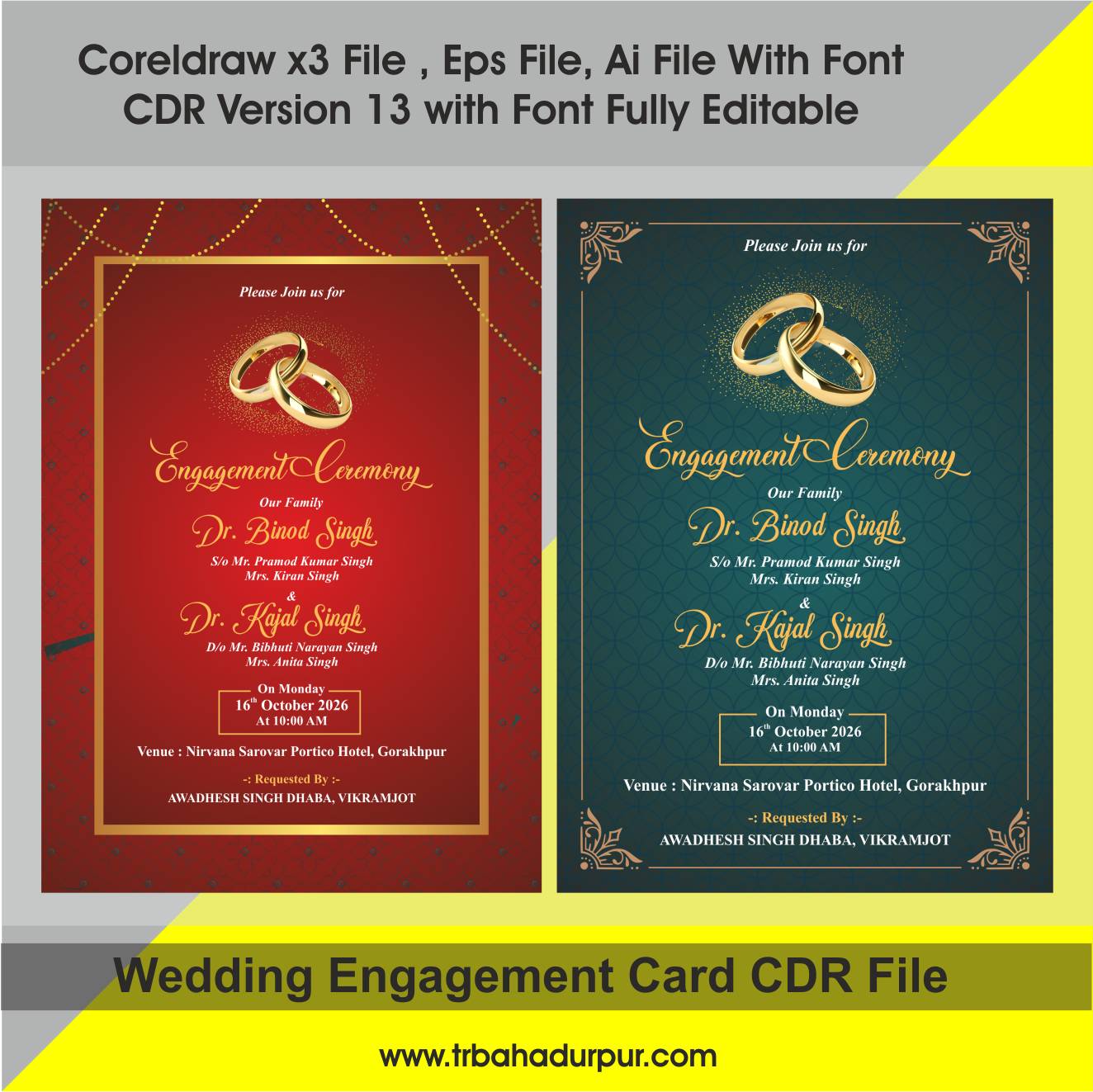 Engagement Invitation Card, Yellow Brush Stroke, Flower Theme