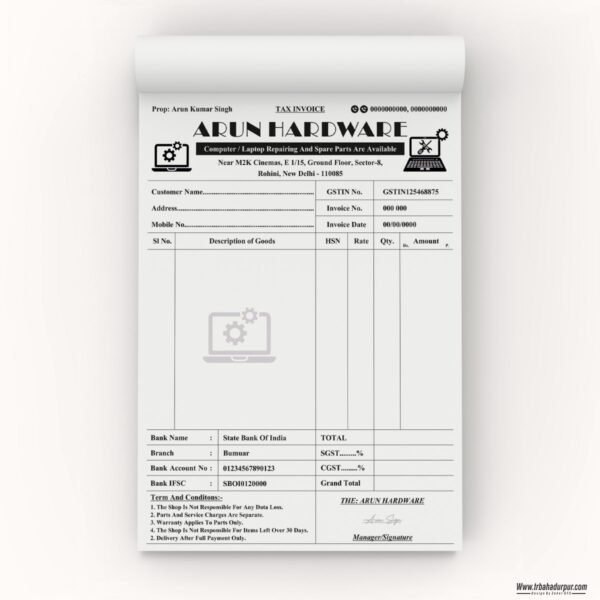 ARUN HARDWARE (COMPUTER LAPTOP REPAIR) INVOICE BILL BOOK