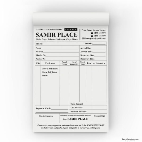 SAMIR PLACE/ HOTEL/ LODGE INVOICE BILL BOOK